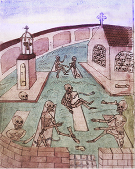 Tote erheben sich aus den Gräbern. Zeichnung im Totentanz des Grafen Wilhelm Werner von Zimmern, um 1540